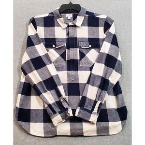 J Crew Flannel Shirt‎ Men's Large Plaid 100% Cotton 1/4 Zip Pockets Navy/White